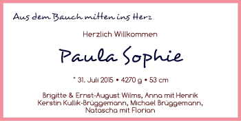 Babyanzeige von Paula Sophie  von WESER-KURIER
