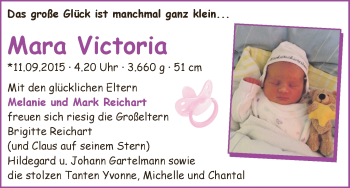Babyanzeige von Mara Victoria Reichart von WESER-KURIER