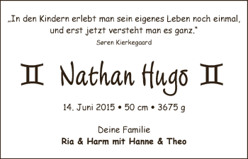 Babyanzeige von Nathan Hugo Bredehöft von WESER-KURIER