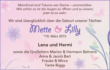Babyanzeige von Mette und Lilly  von WESER-KURIER