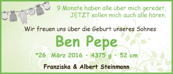 Babyanzeige von Ben Pepe Steinmann von WESER-KURIER