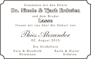 Babyanzeige von Thies Alexander  von WESER-KURIER