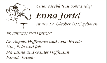 Babyanzeige von Enna Jorid  von Osterholzer Kreisblatt
