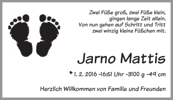 Babyanzeige von Jarno Mattis  von WESER-KURIER