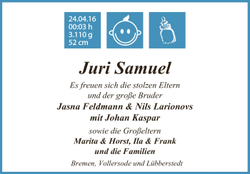Babyanzeige von Juri Samuel  von Osterholzer Kreisblatt