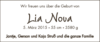 Babyanzeige von Lia Nova Struß von WESER-KURIER