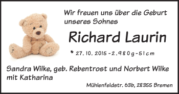 Babyanzeige von Richard Laurin Wilke von WESER-KURIER