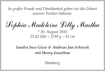 Babyanzeige von Sophia Madeleine Lilly Martha  von WESER-KURIER