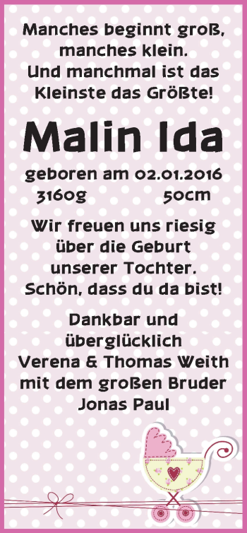 Babyanzeige von Malin Ida Weith von Regionale Rundschau/Syker Kurier