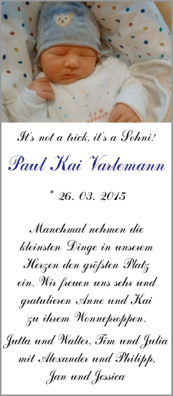 Babyanzeige von Paul Kai Varlemann von WESER-KURIER