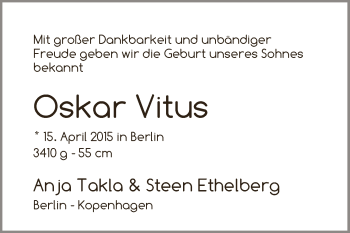 Babyanzeige von Oskar Vitus  von WESER-KURIER