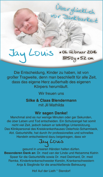 Babyanzeige von Jay Louis Blendermann von Osterholzer Kreisblatt