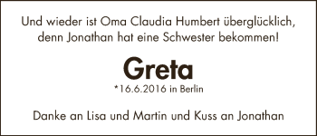 Babyanzeige von Greta  von WESER-KURIER