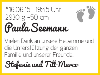 Babyanzeige von Paula Seemann von WESER-KURIER