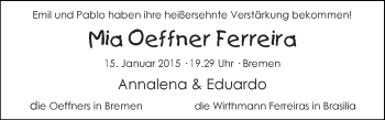 Babyanzeige von Mia Oeffner Ferreira von WESER-KURIER