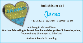 Babyanzeige von Jarno Schmeling von WESER-KURIER