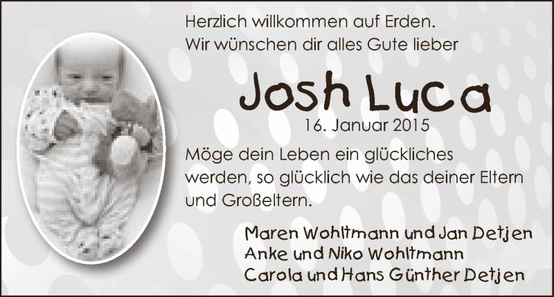 Anzeige für Josh Luca Detjen vom 03.02.2015 aus WESER-KURIER