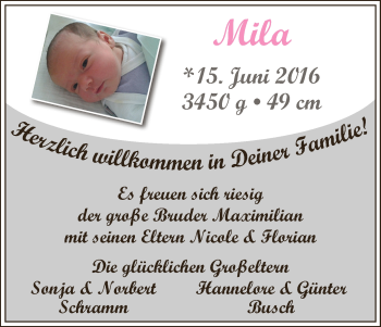 Babyanzeige von Mila  von Wuemme Zeitung