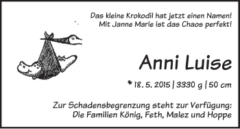 Babyanzeige von Anni Luise  von WESER-KURIER