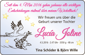 Babyanzeige von Lucía Joline Wille von Wuemme Zeitung