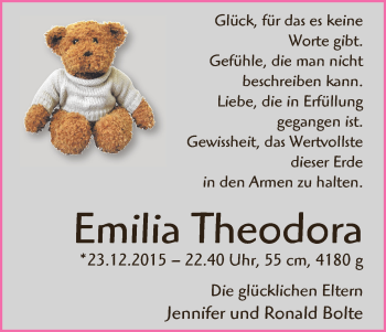 Babyanzeige von Emilia Theodora  von Wuemme Zeitung