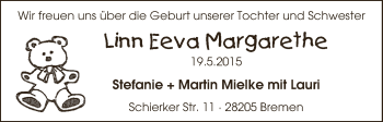 Babyanzeige von Linn Eeva Magarethe Mielke von WESER-KURIER