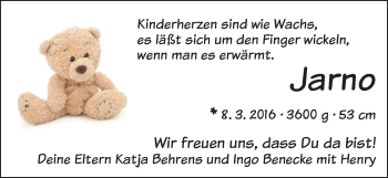 Babyanzeige von Jarno  von WESER-KURIER
