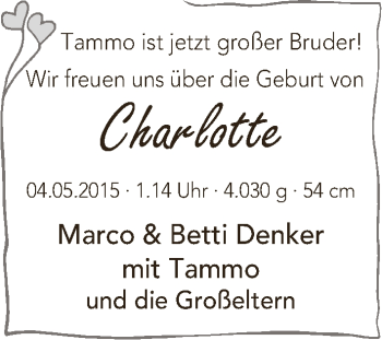 Babyanzeige von Charlotte Denker von WESER-KURIER