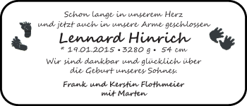Babyanzeige von Lennard Hinrich Flothmeier von WESER-KURIER