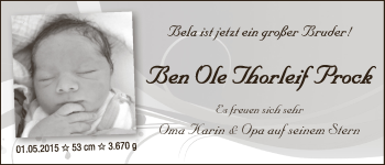 Babyanzeige von Ben Ole Thorleif Prock von WESER-KURIER