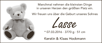 Babyanzeige von Lasse Hockmann von WESER-KURIER