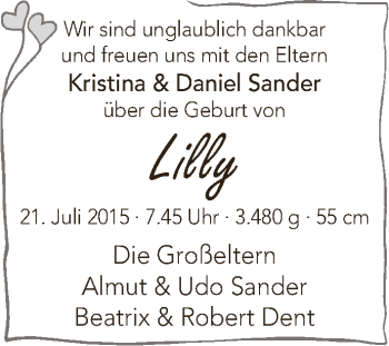 Babyanzeige von Lilly Sander von WESER-KURIER