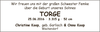 Babyanzeige von Torge Koop von Regionale Rundschau/Syker Kurier