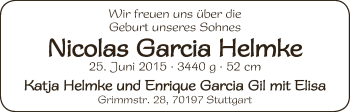 Babyanzeige von Nicolas Garcia Helmke von WESER-KURIER