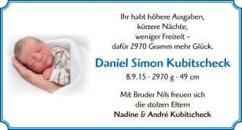 Babyanzeige von Daniel Simon Kubitscheck von Die Norddeutsche