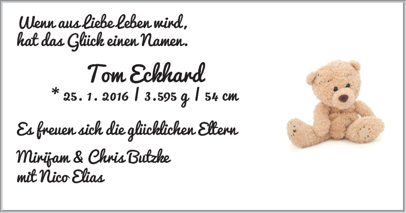 Anzeige für Tom Eckhard Butzke vom 03.02.2016 aus WESER-KURIER