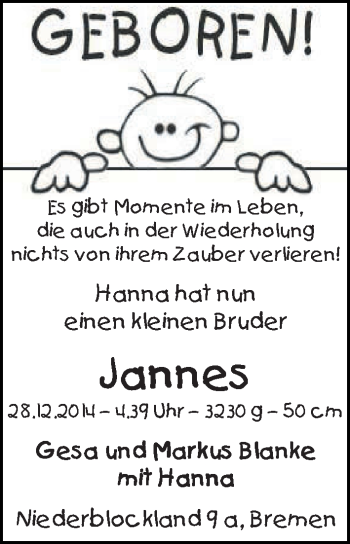 Babyanzeige von Jannes Blanke von WESER-KURIER