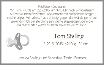 Babyanzeige von Tom Stalling von WESER-KURIER
