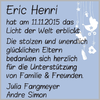 Babyanzeige von Eric Henri  von WESER-KURIER