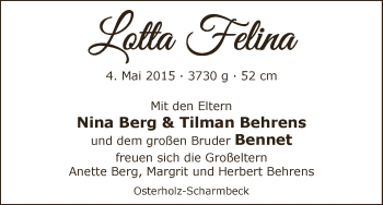 Babyanzeige von Lotta Felina  von WESER-KURIER