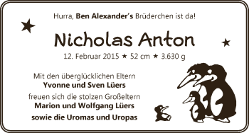 Babyanzeige von Nicholas Anton Lüers von WESER-KURIER