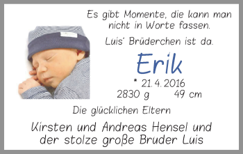 Babyanzeige von Erik  von Osterholzer Kreisblatt