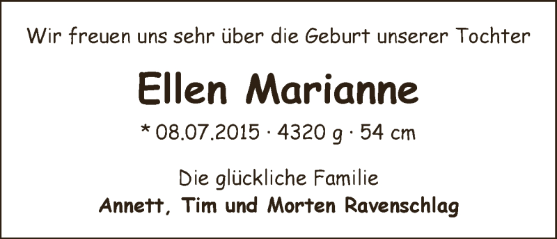 Anzeige für Ellen Marianne Ravenschlag vom 29.08.2015 aus WESER-KURIER