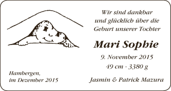 Babyanzeige von Mari Sophie Mazura von Osterholzer Kreisblatt