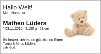 Babyanzeige von Matheo Lüders von WESER-KURIER