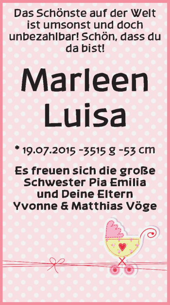 Babyanzeige von Marleen Luisa Vöge von WESER-KURIER