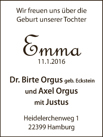 Babyanzeige von Emma Orgus von WESER-KURIER