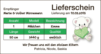 Babyanzeige von Emma Minnemann von WESER-KURIER