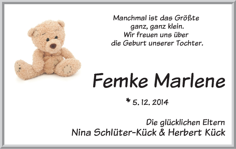 Anzeige für Femke Marlene Kück vom 17.01.2015 aus WESER-KURIER