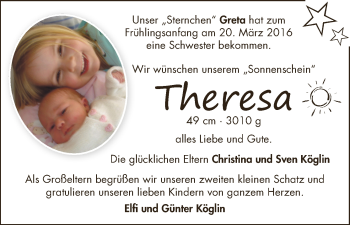 Babyanzeige von Theresa Köglin von WESER-KURIER